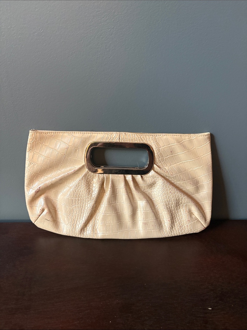 Croc-Embossed Cream Handheld Clutch with Gold Accent